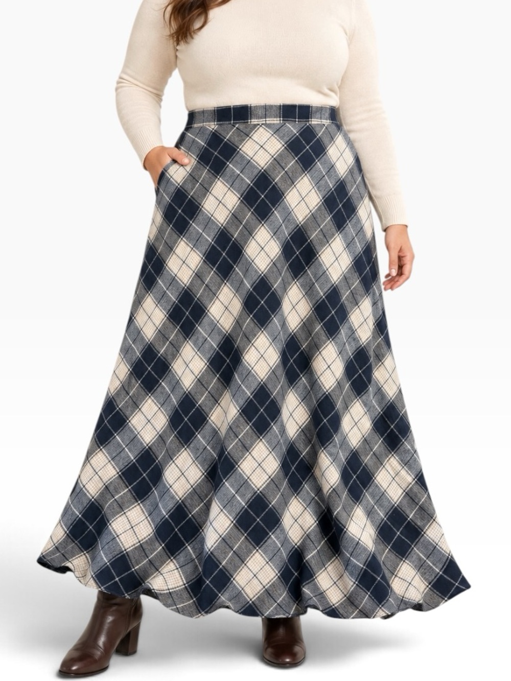 Celmia Navy Blue Cream Plaid Maxi Skirt A-Line Pockets Womens 3X Plus Size
